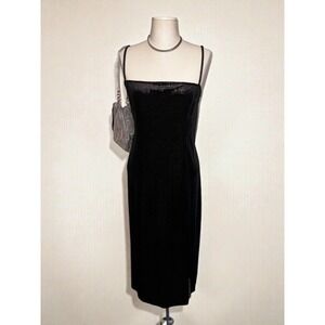 Y2K Black Glitter Velvet Slip Dress Midi Sparkle Cami Spaghetti Strap L